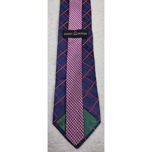 Vintage 90s Y2K Tommy Hilfiger Silk Tie Navy Pink Windowpane Plaid Houndstooth